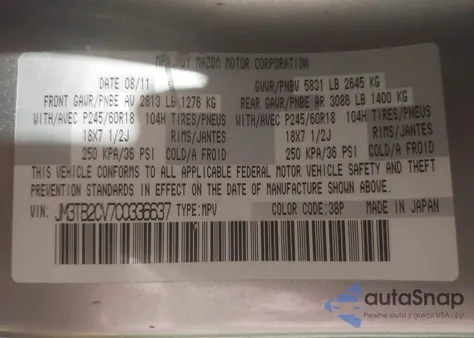 2012 Mazda Cx-9 Touring из США, поврежденный, VIN JM3TB2CV7C0336637